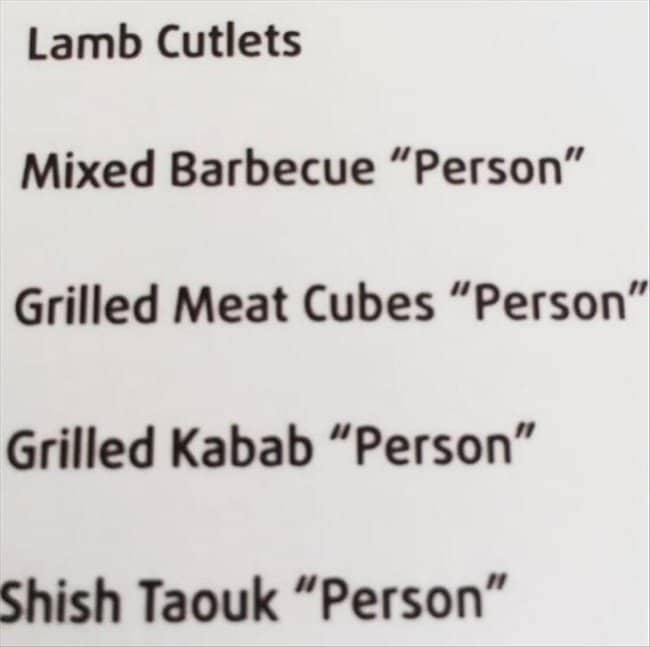 Weird translation menu typos listing mixed barbecue and meat cubes served per person in quotes.