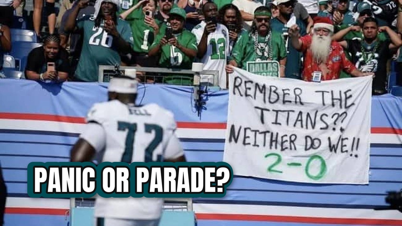 Eagles fans hold up a homemade 2-0 sign in the stands, the kind of early season gloating NFL week 2 memes are built on.