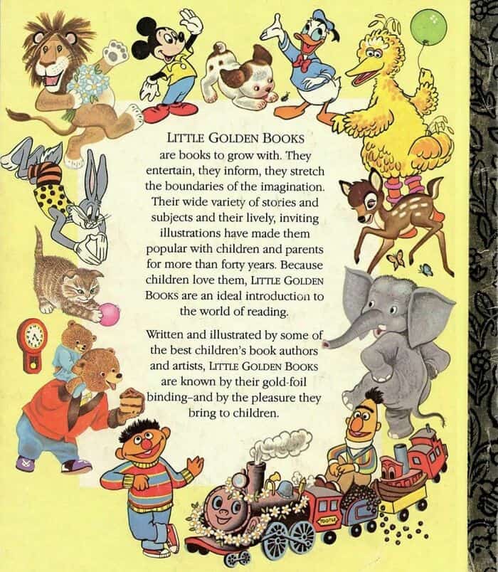 Back cover of a classic Little Golden Book displaying nostalgic characters like Mickey Mouse, Donald Duck, and Big Bird in nostalgic images.