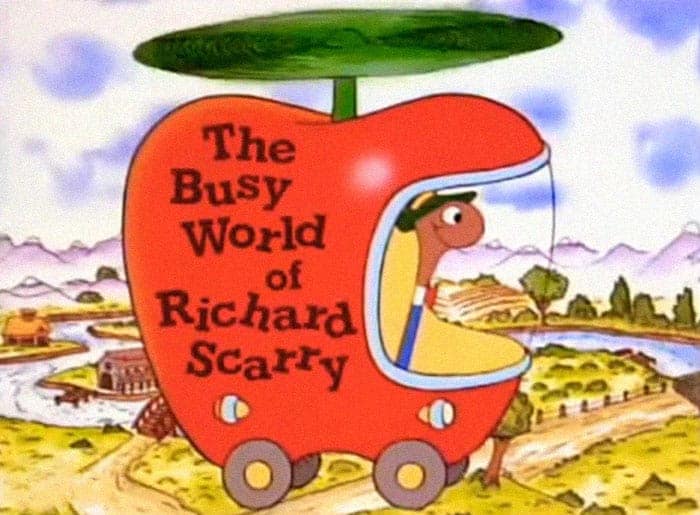 Lowly Worm driving his iconic flying apple helicopter car from The Busy World of Richard Scarry in nostalgic images.