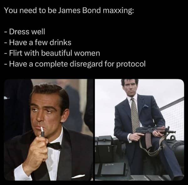 James Bond maxxing checklist with Sean Connery lighting a cigarette and Pierce Brosnan holding a rifle