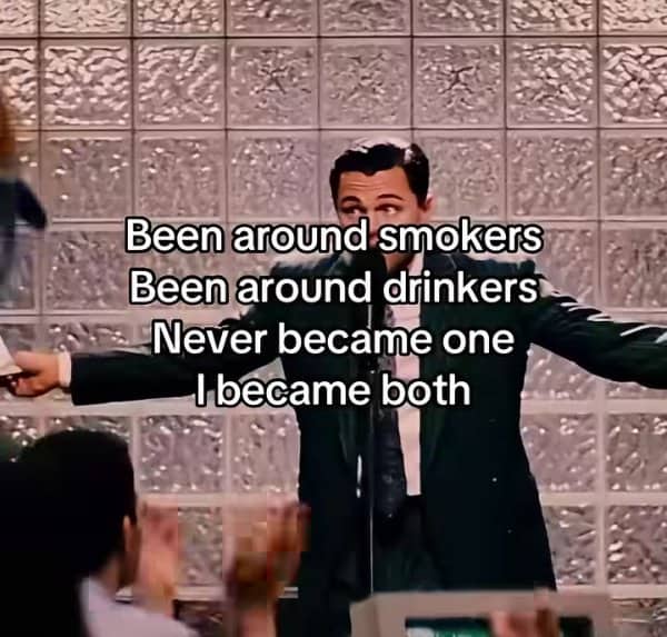 Leonardo DiCaprio in a suit onstage with text about becoming both smoker and drinker