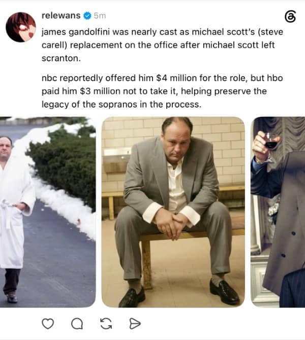 Post claiming James Gandolfini nearly replaced Michael Scott, with photos of the actor