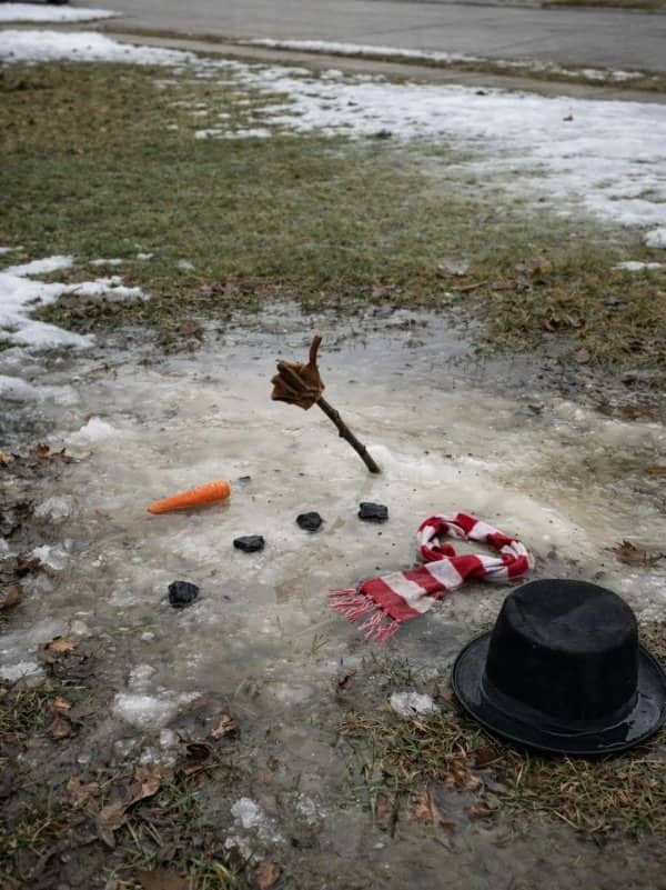 Melted snowman remains on muddy grass with carrot, coal, scarf, and top hat