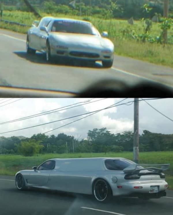 Silver sports car shown normally and then stretched into a long limousine on a road