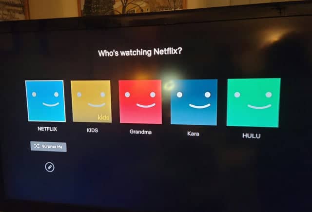 Netflix profile screen listing Netflix, Kids, Grandma, Kara and Hulu as separate viewer profiles