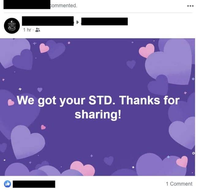 Facebook celebration template reading we got your STD, thanks for sharing, over a hearts background