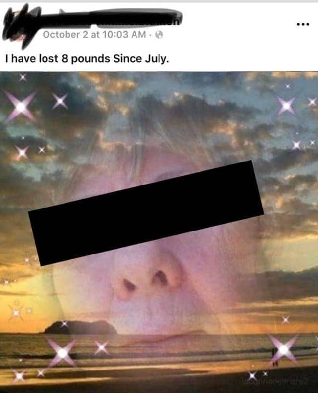 Facebook post announcing an eight pound weight loss over a sparkling sunset beach photo collage