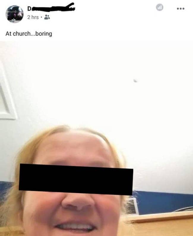Selfie posted publicly with the caption at church boring, shot from an extremely low angle