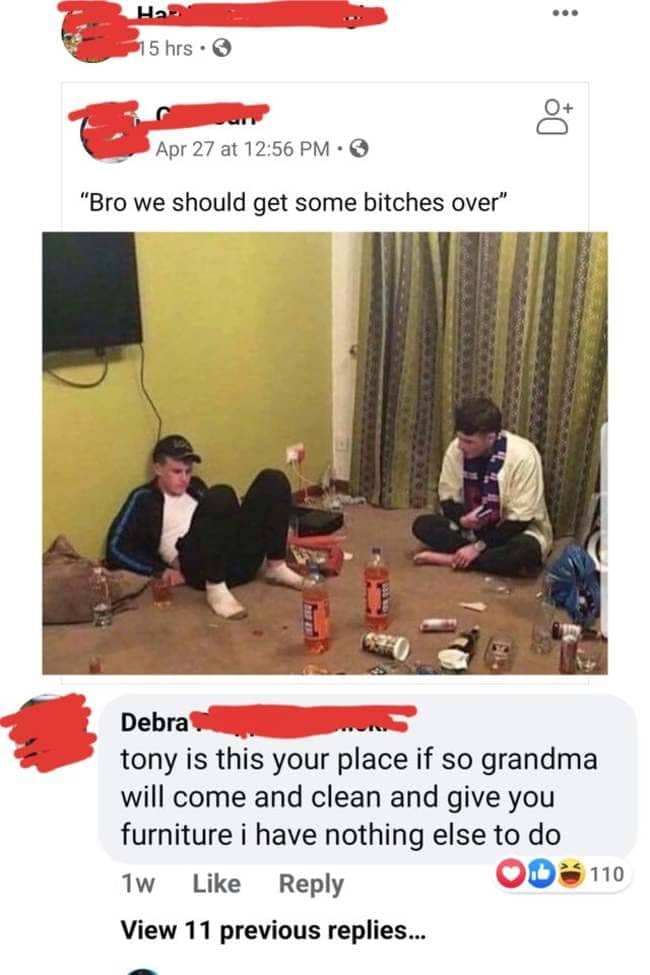 Two men sit in a wrecked room while a grandmother offers to come clean it