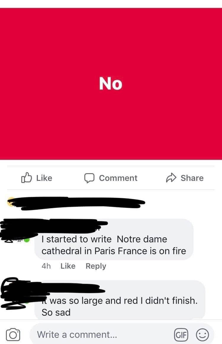 Facebook post reading only no, with a comment explaining an unfinished Notre Dame fire update