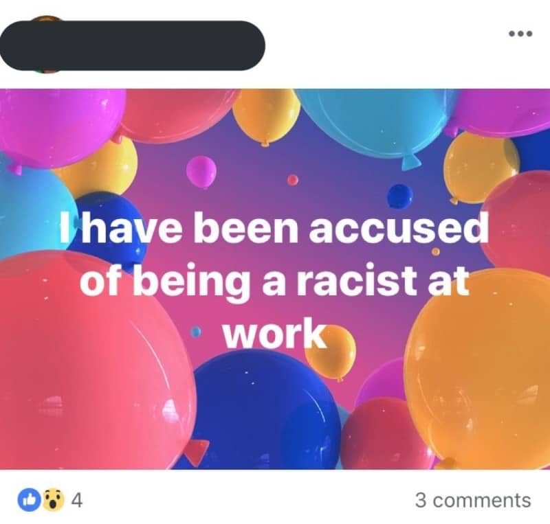 Facebook post about a workplace accusation posted over a bright balloon celebration background template