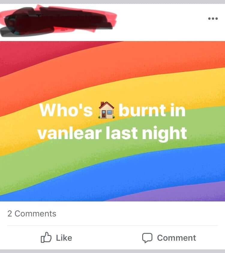 Facebook post asking whose house burned in Vanlear last night, written over a rainbow background