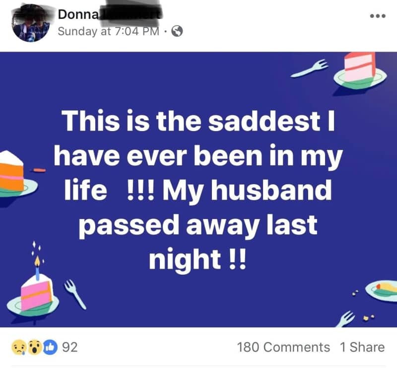 Facebook post about a husband's death displayed over a background of birthday cake slices