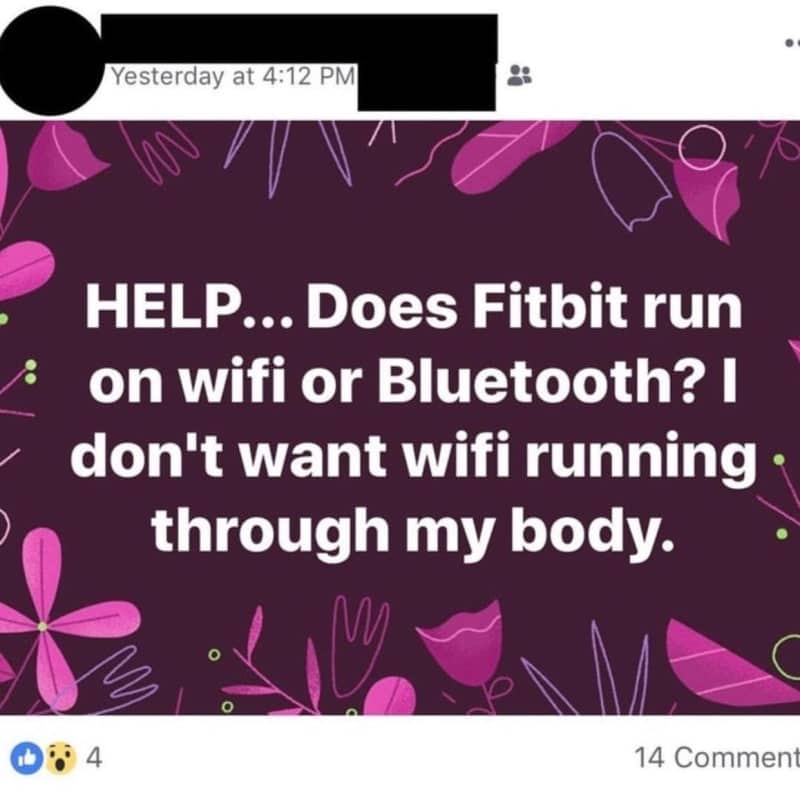 Facebook post asking if a Fitbit uses wifi or Bluetooth, fearing wifi inside the body