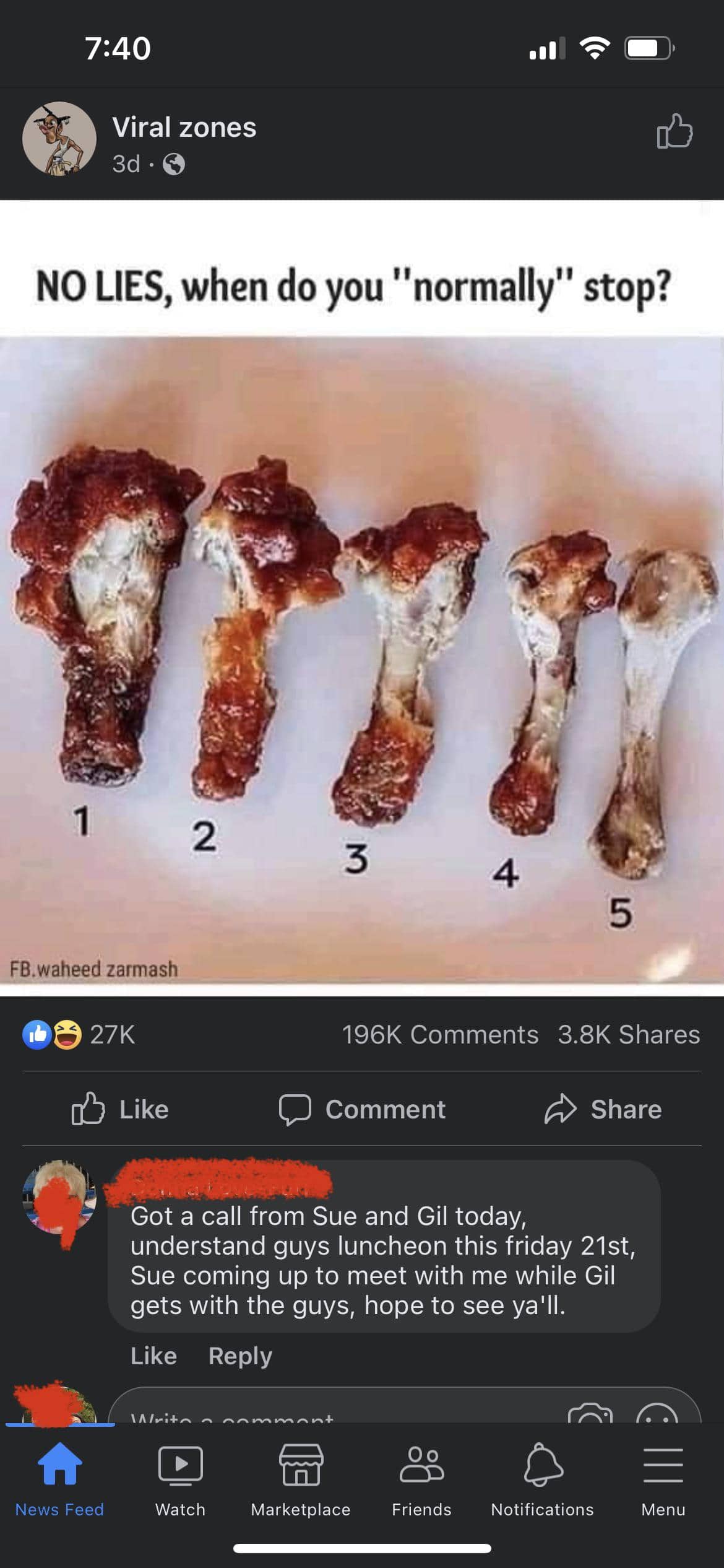 Meme ranking five chewed chicken wing bones, with an unrelated comment about a Friday luncheon