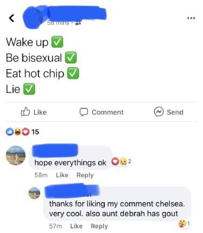 Screenshot of a popular meme checklist post with concerned relatives replying in the comment section