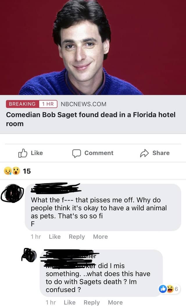 Breaking news post about comedian Bob Saget with comments discussing wild animals kept as pets