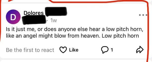 Facebook post from Dolores asking if anyone else hears a low pitch horn from heaven