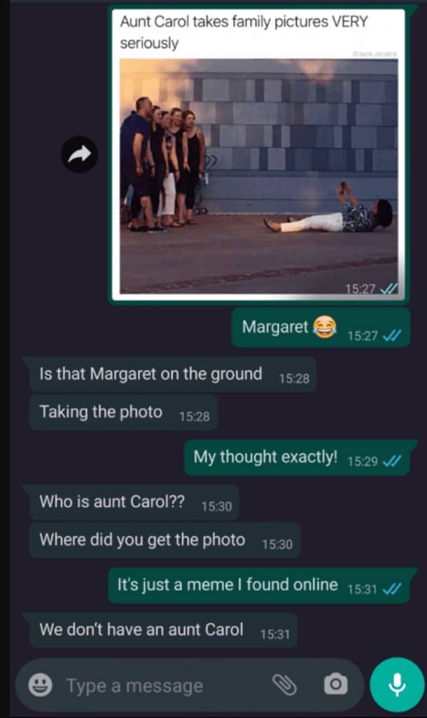 Text thread where a shared Aunt Carol photo meme spirals into confusion about a nonexistent relative