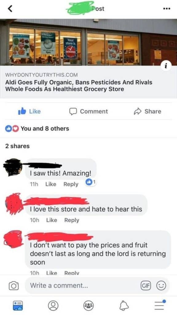 Facebook post about Aldi going organic with comments drifting from fruit prices to the apocalypse