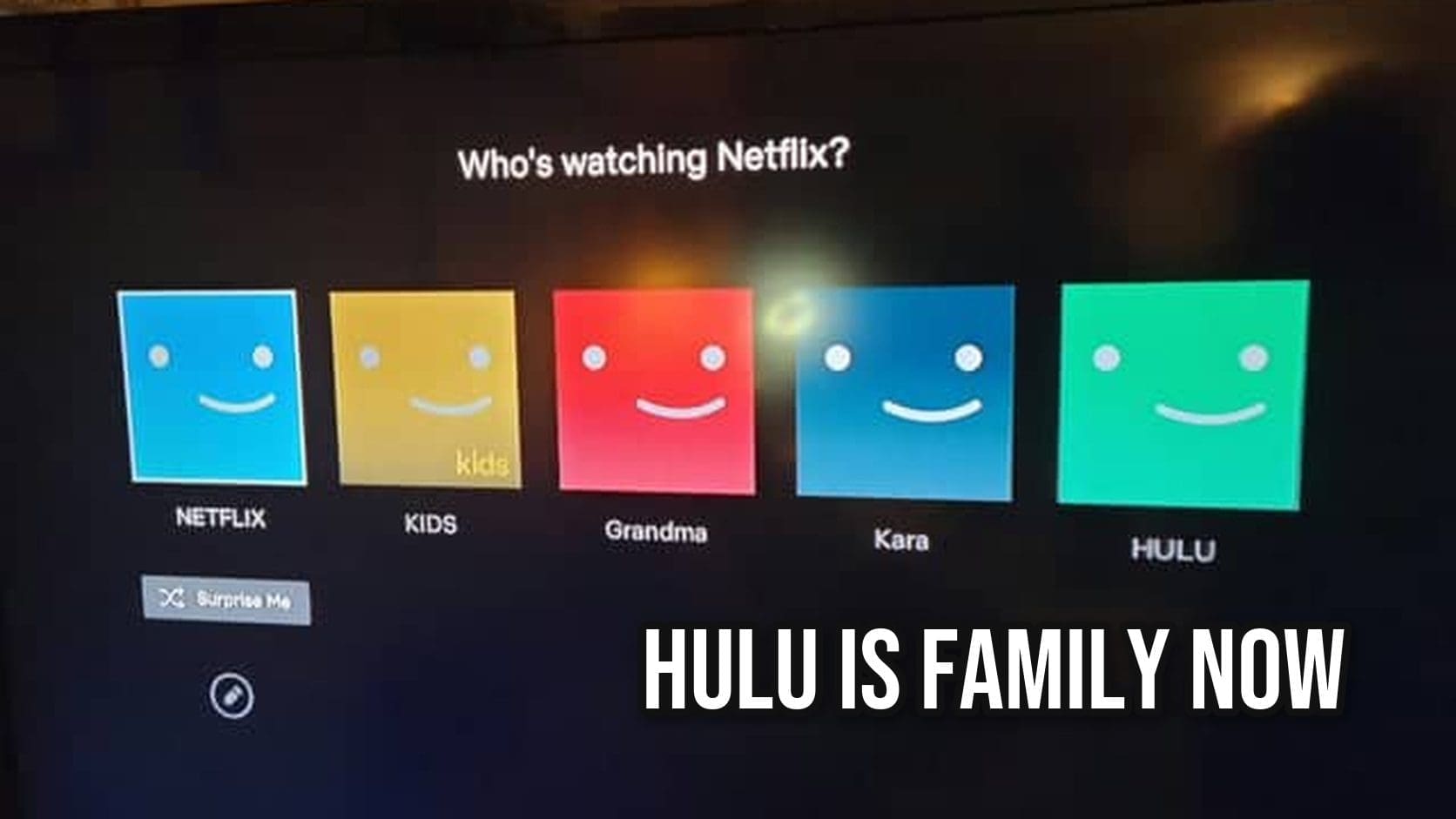 Television screen showing Netflix profiles where old people vs tech confusion turned Hulu into a listed household viewer