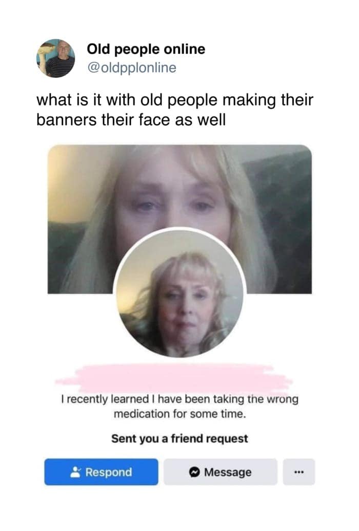 Facebook profile screenshot where an elderly woman set her cover banner as a massive zoomed-in photo of her own face in an old people vs technology fail