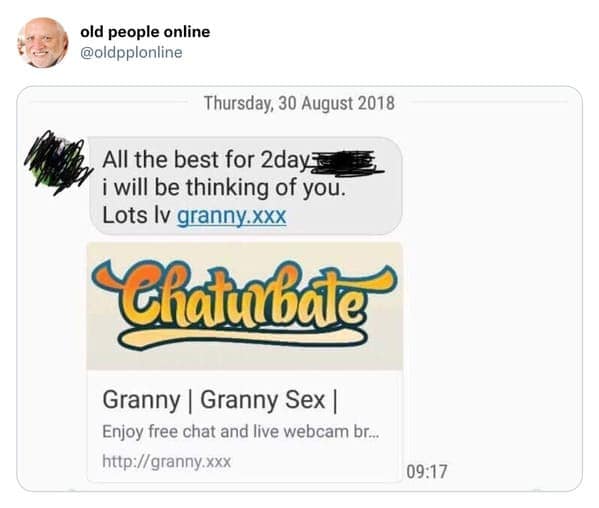 Well-wishing text message from a grandmother accidentally attaching an adult link preview for 'granny.xxx' in an old people vs technology blunder.