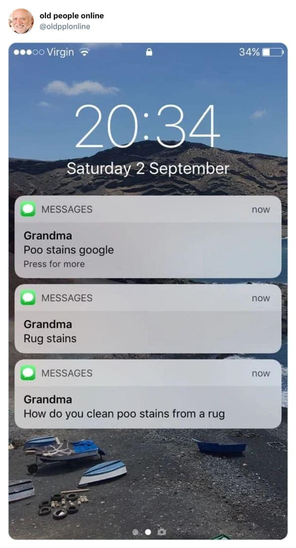 Phone lock screen notifications showing a grandmother accidentally texting her rug cleaning search queries as direct messages in an old people vs technology glitch.
