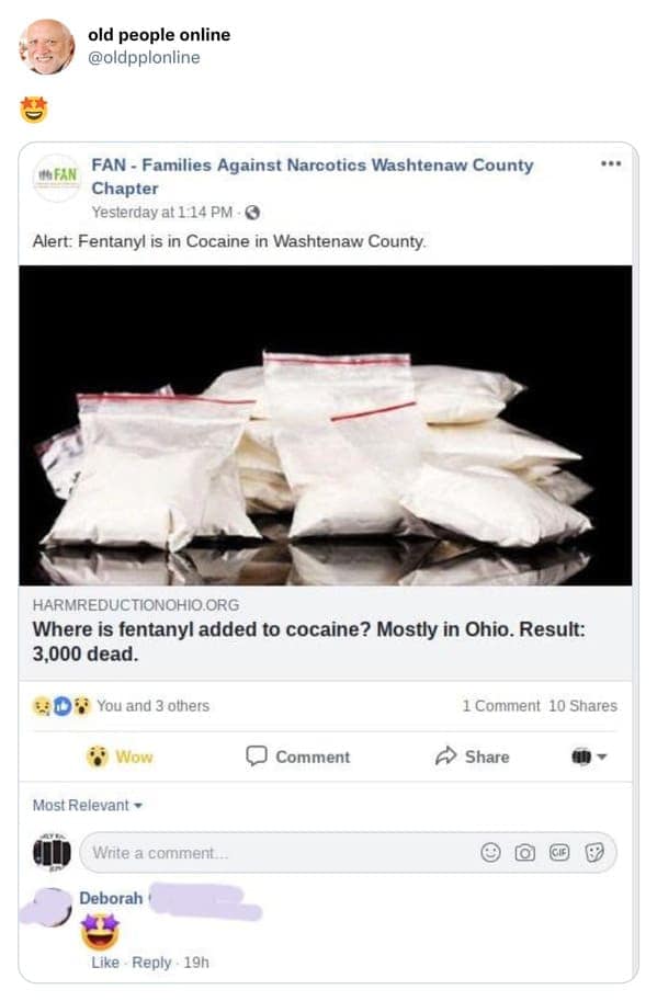Tragic news post about a drug overdose crisis receiving an enthusiastic star-eyed laughing emoji comment from a user in an old people vs technology mistake.