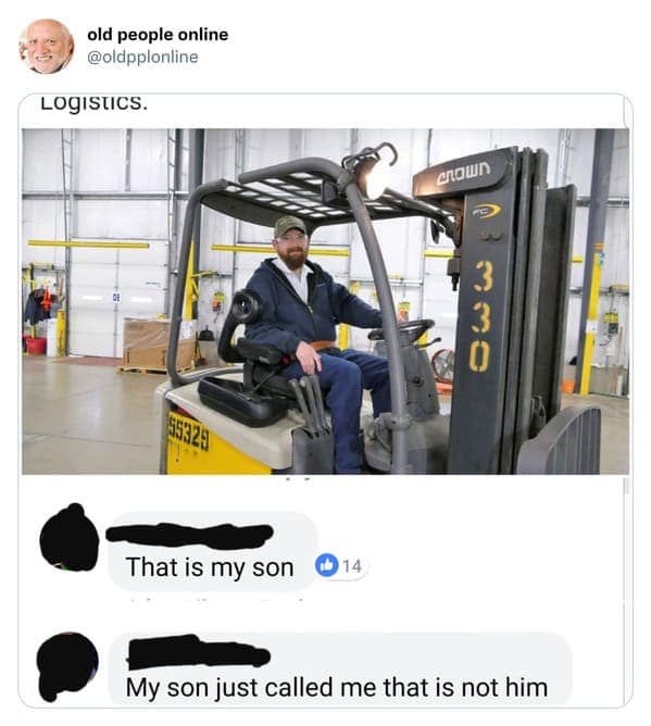Facebook comment thread of a mother mistaking a stock photo forklift driver for her son before receiving a clarifying phone call in an old people vs technology mix-up.