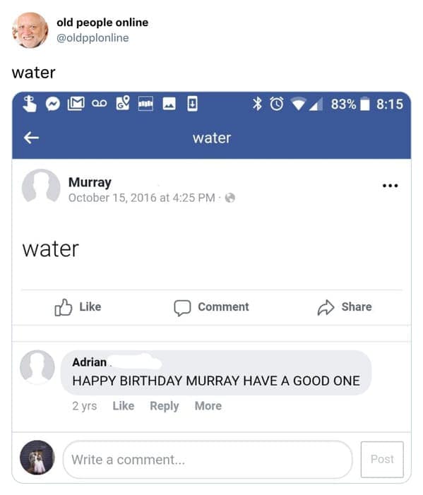 Facebook post where a user named Murray types 'water' as a public status while receiving well-wishes in an old people vs technology post.