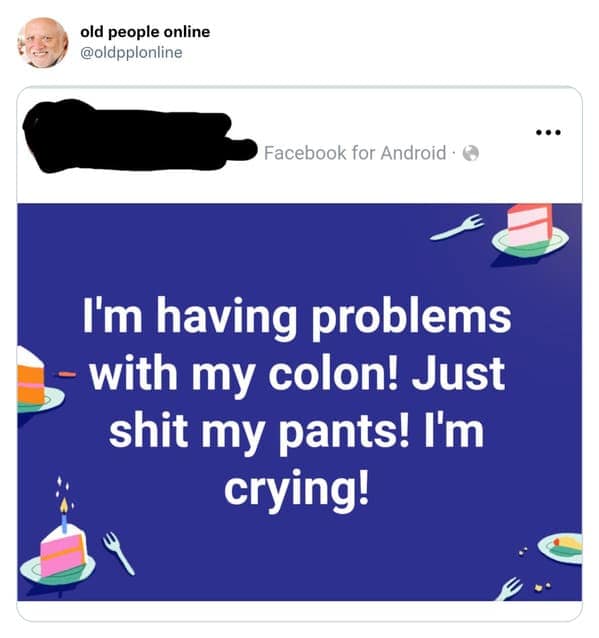 Facebook status sharing gastrointestinal TMI formatted over a bright birthday party cake background in an old people vs technology blunder.