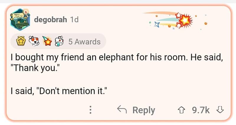 Funny text of an old school joke about putting an elephant in the room.