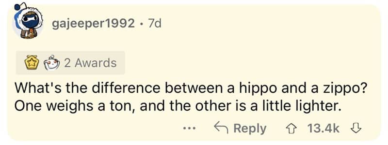 Clever old school joke wordplay comparing a heavy hippo to a zippo lighter.