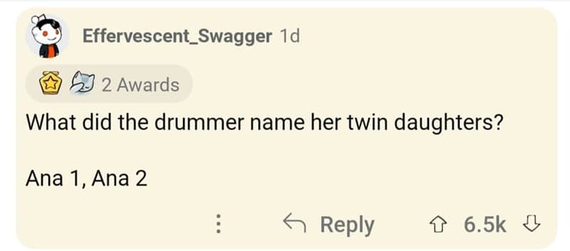 Musical old school joke about a drummer naming her twin daughters in counting rhythm.