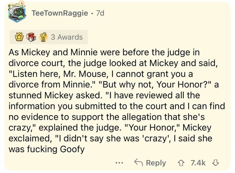 Classic dirty old school joke about Mickey and Minnie Mouse in divorce court.