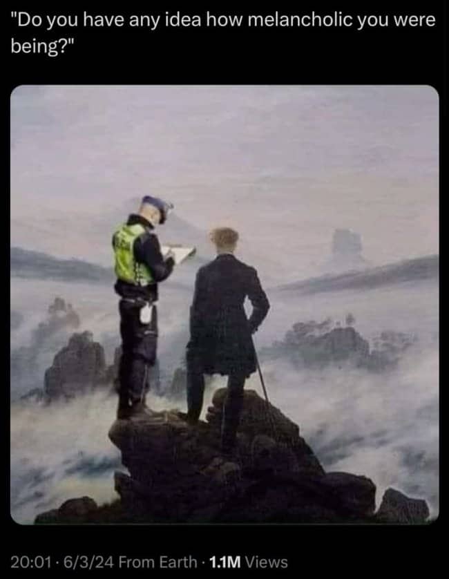 Classic Romantic oil painting featuring a police officer ticketing a melancholic wanderer in philosophy memes.