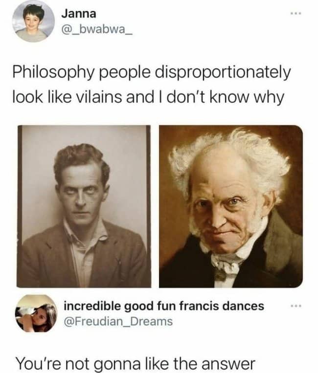 Social media post comparing portraits of famous historical thinkers to movie villains in philosophy memes.