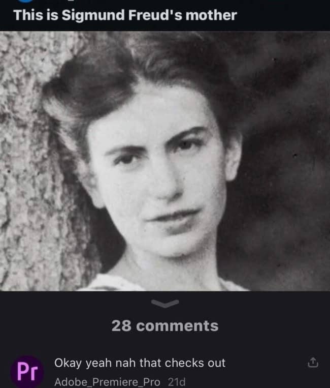 Historical portrait of Sigmund Freud's mother with humorous commentary included in funny philosophy memes.