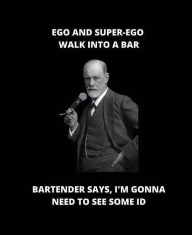 Portrait of Sigmund Freud holding a microphone delivering a standup comedy joke in philosophy memes.