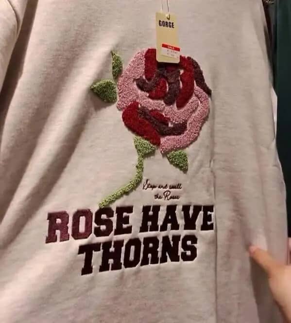Beige embroidered rose sweatshirt with grammatically incorrect text rose have thorns on front.