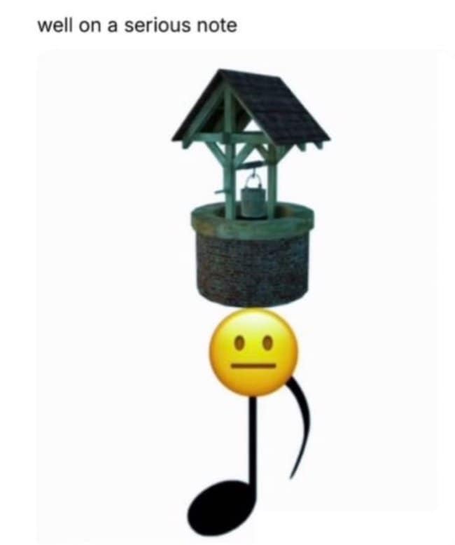 Visual diagram featuring a stone water well resting on top of a neutral emoji face attached to a musical note in a punny meme.