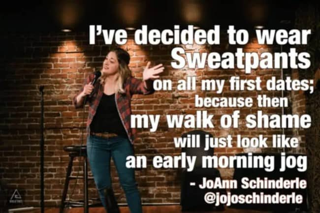 Comedian on stage sharing funny dating tips for quick stand up jokes posts.