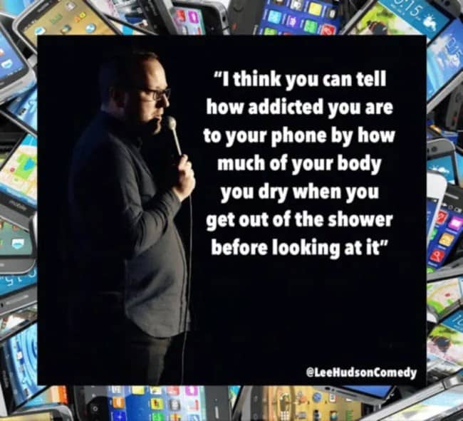 Stand-up comedian performing on stage sharing phone addiction humor in quick stand up jokes.