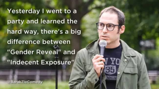 Outdoor stand-up comic telling hilarious party misinterpretation stories in quick stand up jokes.
