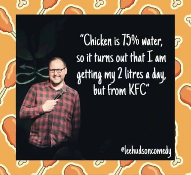 Smiling stand-up comedian presenting fast food hydration logic in quick stand up jokes.