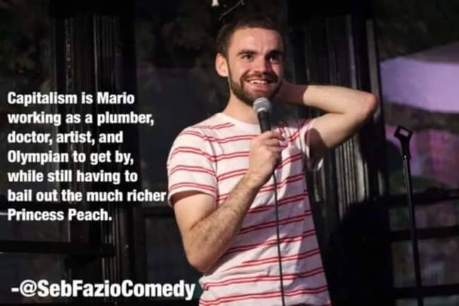 Stand-up comedian using Mario video games to explain economic capitalism in quick stand up jokes.