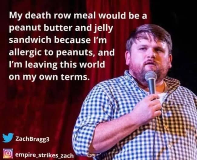 Comedian on stage telling a dark humor death row joke in quick stand up jokes.