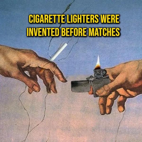 Michelangelo-style hands holding a lit Zippo lighter and cigarette over an unexpected history random fact about lighter inventions.